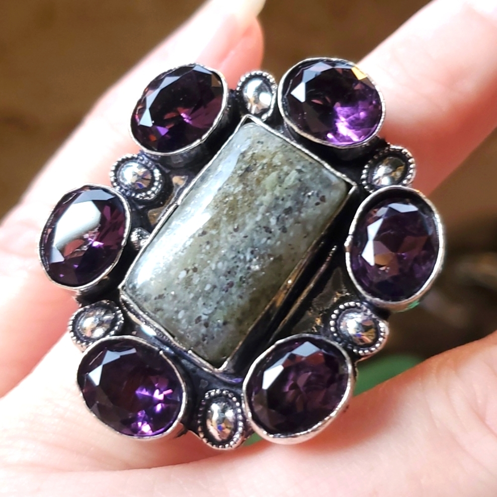 New Oversized Lodolite & Amethyst 925 Silver Statement Ring.